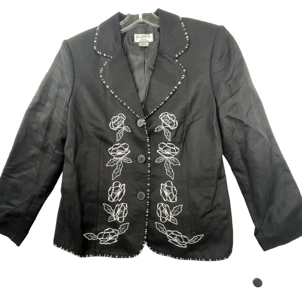 NEW Mary McFadden Black Linen Blend Womens Size 10 P Floral Embroidered Blazer
